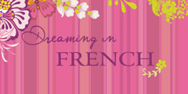 Dreaming in French by Pat Bravo. Fabrics with shades of pink and purple, kiwi and chocolate.