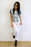 White plaid and denim short sleeve shirt